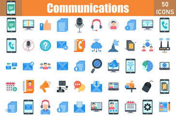 Set of 50 Communications flat icons set. Workshop outline icons with editable stroke collection. Include Chat,Help, Email, Bubblle Chat, Add Friend, Call, Send, Forward, Mail Forward, About