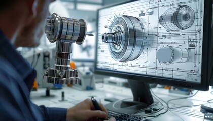 Innovative Mechanical Engineer Creating 3D Machinery Parts on Computer with Schematics Displayed