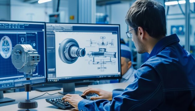 Modern Mechanical Engineer Designing Machinery Parts with 3D Models and Schematics on Computer Screen