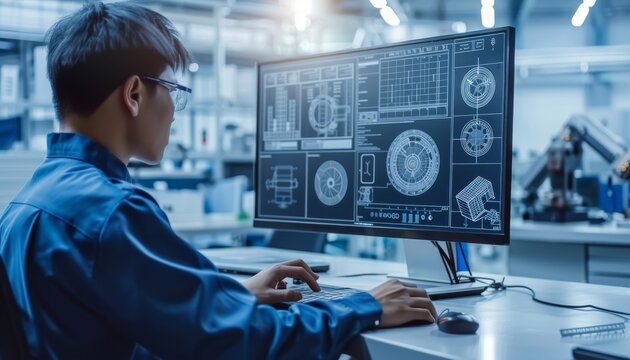 Creative Mechanical Engineer Designing 3D Machinery Parts and Schematics on Computer for Industrial Innovation