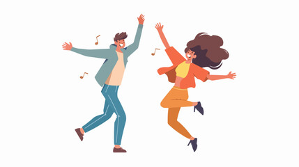 Happy jumping man and woman. Flat vector illustration