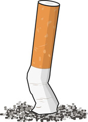 Isolated illustration of putout tobacco cigarette with ashes for graphic template of no smoking