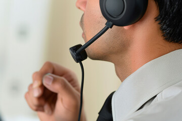 A man with facial hair is using audio equipment like headphones and a microphone