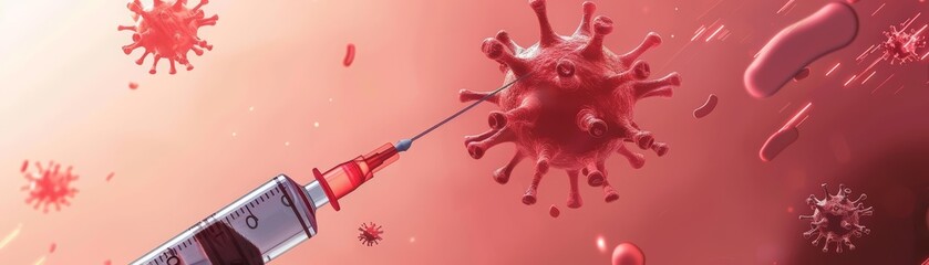 An illustration of a syringe injecting into a red virus particle