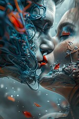 Fototapeta premium Woman with striking blue and red makeup passionately kisses man in romantic embrace
