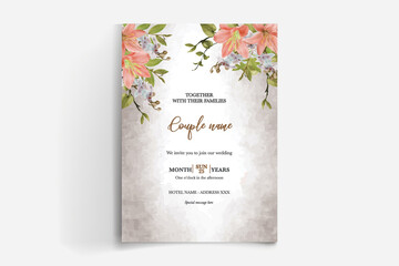 WEDDING INVITATION FRAME WITH FLOWER DECORATIONS AND FRESH LEAVES 