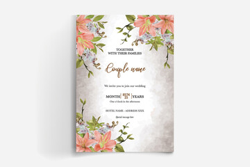 WEDDING INVITATION FRAME WITH FLOWER DECORATIONS AND FRESH LEAVES 