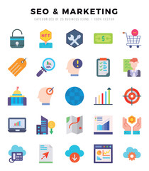 Vector SEO & MARKETING types icon set in Flat style. vector illustration.