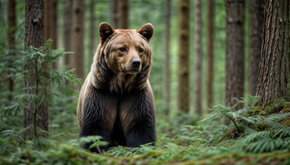 Fototapeta premium Close-up portrait of a brown bear in the spring forest