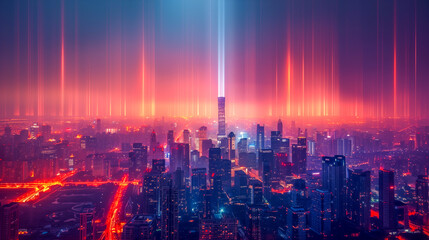Obraz premium cityscape at night, featuring a skyscraper illuminated with red and blue lights that create striking vertical beams extending into the sky. The futuristic and cyberpunk aesthetic is highlighted