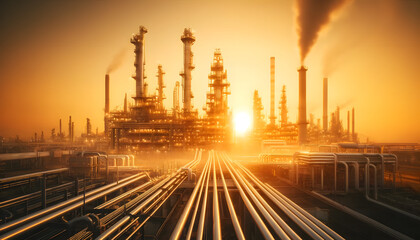 a worker in a hard hat and reflective jacket standing on a hill overlooking an industrial refinery at sunset. 