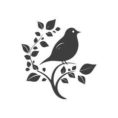Black bird, leaf and flower vector silhouette illustration,	