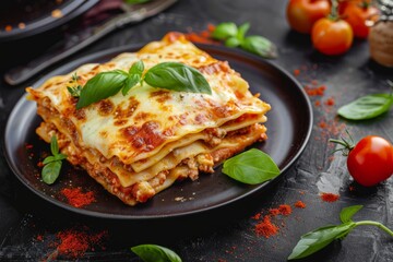 Delicious lasagna with meat sauce and cheese on dark background, hd photography of food, delicious bolognese pasta in the style of seihebricommerce stock photo contest winner. High quality photo