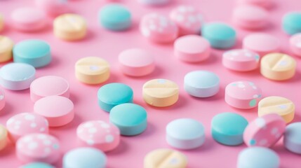 A colorful array of pills are scattered across a blue surface