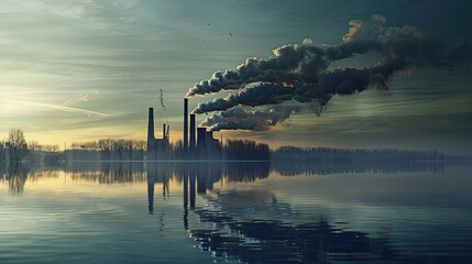 Industrial factory emits smoke into the atmosphere by the water at dawn, reflecting environmental pollution and industrial activity.