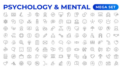 Psychology and mental line icons collection. Big UI icon set in a flat design. Thin outline icons pack. Vector illustration