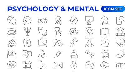 Psychology and mental line icons collection. Big UI icon set in a flat design. Thin outline icons pack. Vector illustration