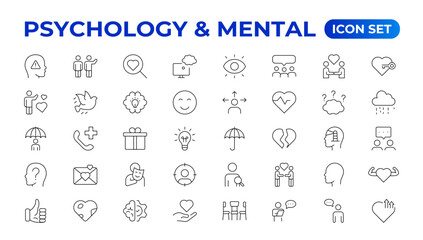 Psychology and mental line icons collection. Big UI icon set in a flat design. Thin outline icons pack. Vector illustration
