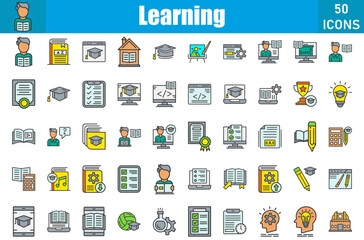 Set of 50 Learning line filled icons set. Workshop outline icons with editable stroke collection. Include read, exam, study, checklist, elearning, campus