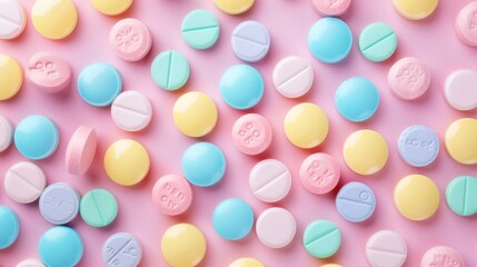 A colorful assortment of pills are arranged on a blue, pink