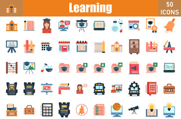 Set of 50 Learning flat icons set. Workshop outline icons with editable stroke collection. Include student, presentation, video lecture, experiment, research, certificate