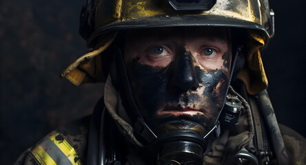 Fototapeta premium Resilient Firefighter in Protective Gear Facing Hazardous Conditions with Unwavering Determination and Courage