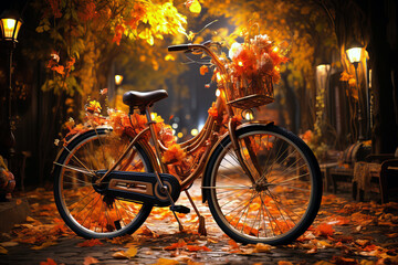 A bicycle parked on autumn evening street lit with warm light.
