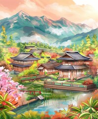 Obraz premium Charming Village Houses Amidst Mountainous Autumn Landscape in Traditional Asian Style