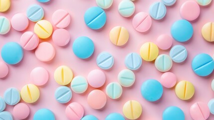 A colorful assortment of pills are scattered across a pink background