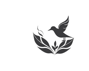 Black bird, leaf and flower vector silhouette illustration,	