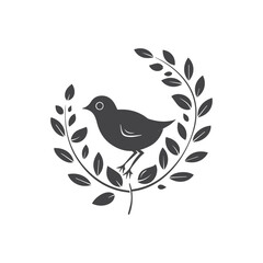 Black bird, leaf and flower vector silhouette illustration,	