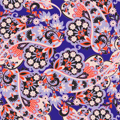 Madhubani, kalamkari, kani seamless pattern. Vector Ajrakh Ikat print patola. Background digital printing textile pattern floral allover design