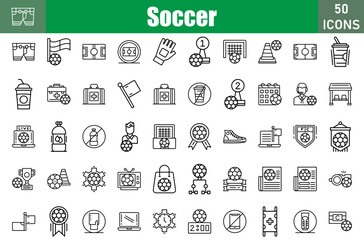 Set of 50 Soccer line icons set. Workshop outline icons with editable stroke collection. Include football shorts, offside flag, soccer field, sports gloves, winner, cone