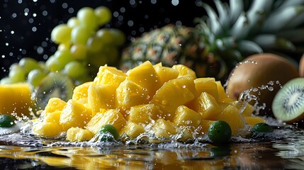 a luscious pineapple-kiwi juice splash against a pure white backdrop