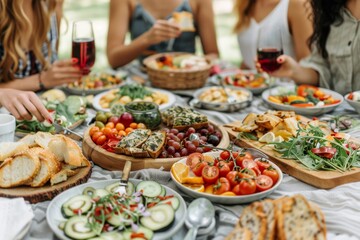 Obraz premium Friends laughing and enjoying food and drinks at a picnic, symbolizing the joy and connection of outdoor gatherings