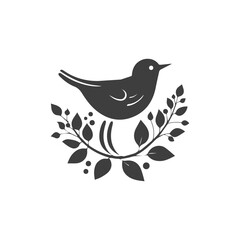 Black bird, leaf and flower vector silhouette illustration,	