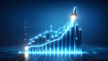 a digital blue bar graph with an upward trend. A futuristic rocket is launching from the top of the highest bar, symbolizing rapid growth and success.