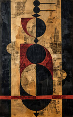 Abstract geometric painting with circles and vertical lines, featuring red, black, and beige colors on a textured background.