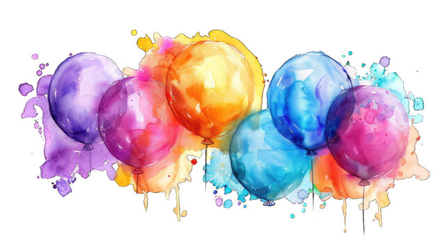 Colorful watercolor balloons arranged in a festive composition, perfect for celebration and party themes. Bright and cheerful artistic design. isolated on transparent background