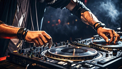 Close-up photo of a DJ mixing music on a turntable with headphones