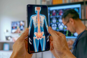Person using a smartphone with an augmented reality app displaying a human skeleton
