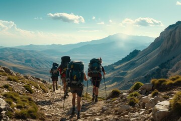 Fototapeta premium Journey to the Horizon: Adventurous Backpackers Trekking in Nature