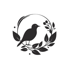 Black bird, leaf and flower vector silhouette illustration,	