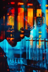 Scientist conducting an experiment in a lab close up, focus on, copy space Bright and vivid colors, Double exposure silhouette with test tubes