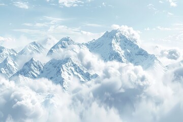 Breathtaking aerial view of snow-covered mountain peaks surrounded by fluffy clouds under a clear blue sky, perfect for nature and landscape themes.