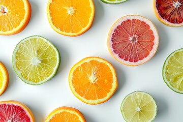 Obraz premium Colorful citrus fruits including oranges, limes, grapefruits, and lemons sliced in half, placed on a white background.