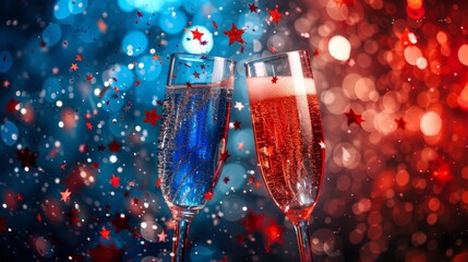Clinking champagne glasses with stars confetti glitter inside, in red and blue colors. Festive background for 4th of July (Independence day) holiday in United States of America.