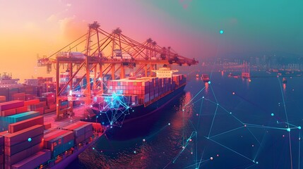 Obraz premium Global Hub of Container Logistics and Seaport in Vibrant Cityscape