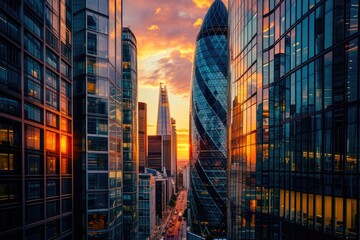 Fototapeta premium Metropolis Radiance: Sunset Spectacle in the Business District