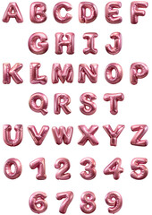 Rose foil 3d birthday metallic helium balloon alphabet isolated on transparent background. Pink set of letters A-Z and numbers 1-9 cut out png format